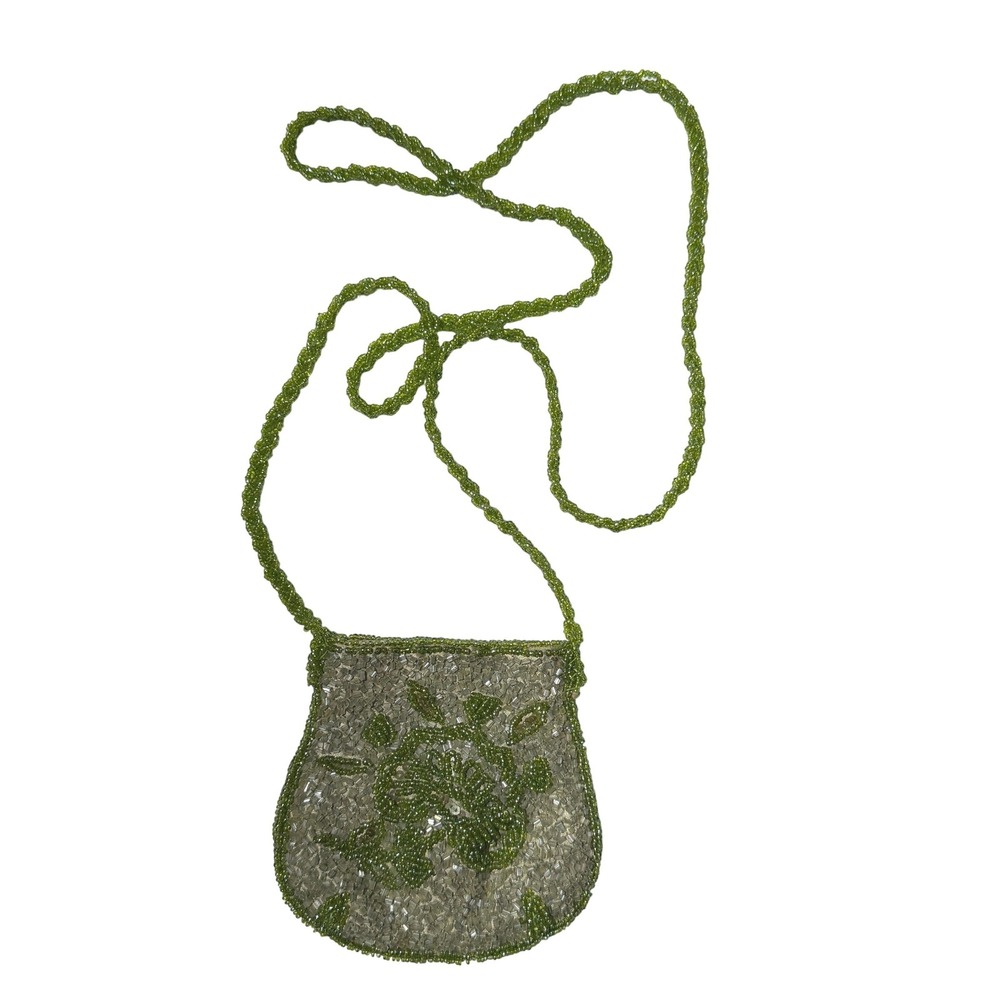 Unbranded Vintage Cottagecore Y2K Women Beaded Crossbody Bag Green Silk